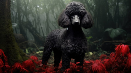 Black poodle with red feathers in the jungle, 3d renderの素材