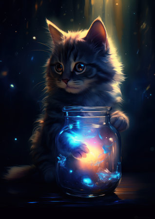 Cute kitten in a glass jar on a dark background with fire.の素材