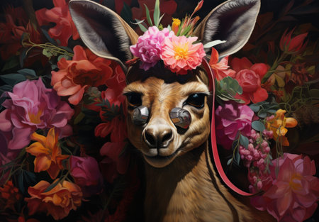 Funny deer with floral wreath on her head. Digital painting.の素材