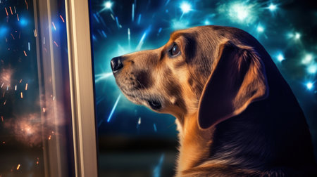 Cute dog looking out the window at a beautiful night sky.の素材
