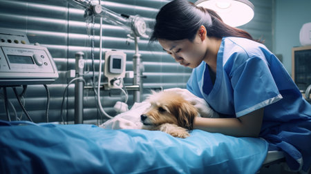 veterinarian doctor examining dog in operating room,selective focusの素材