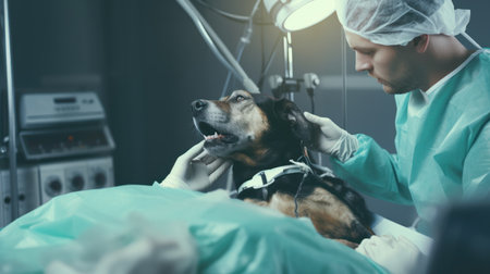 Veterinarian doctor and a dog in operating room. Veterinary medicine.の素材