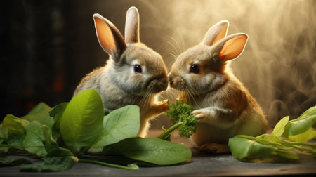 Two cute rabbits and green leaves on dark background, space for textの素材