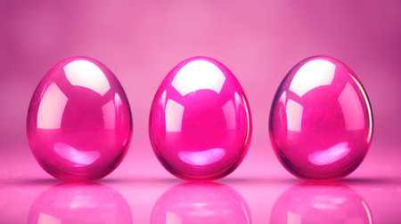 Three pink Easter eggs on a pink background with reflection and copyspaceの素材