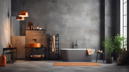 Interior of stylish bathroom with gray walls, concrete floor, comfortable bathtub and shelves with towels. 3d renderingの素材