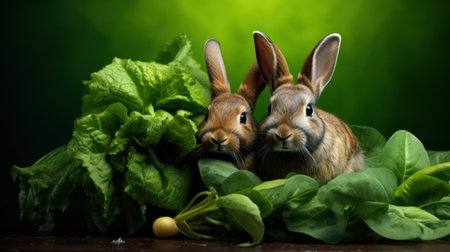 Two cute bunnies and green salad on a dark background.の素材