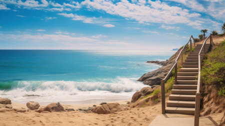Beautiful panoramic view of sandy beach with steps leading to oceanの素材
