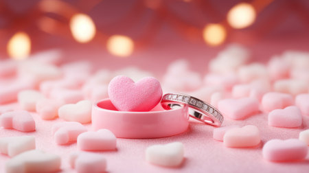 Wedding rings and hearts on pink background with bokehの素材