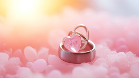 wedding rings on a pink background with hearts. close-upの素材