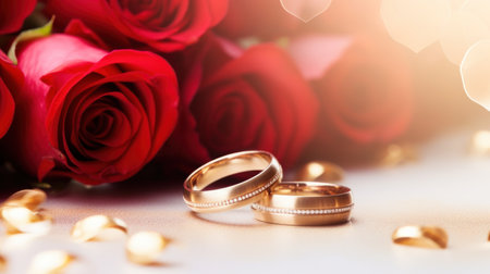 Wedding rings and red roses on white background. Wedding concept.の素材