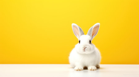Cute white rabbit on yellow background. Easter concept. Copy space.の素材