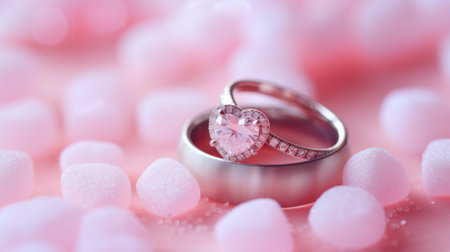 Wedding rings on a pink background with heart-shaped candyの素材