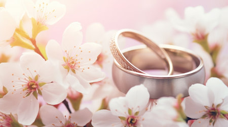 Wedding rings on a background of spring cherry blossoms.の素材