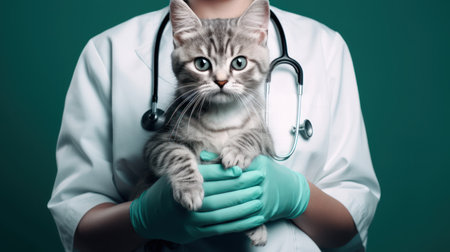 Veterinarian with stethoscope holding a cat, closeupの素材
