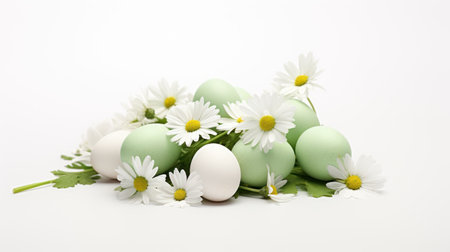 Easter eggs and daisies on a white background with copy spaceの素材