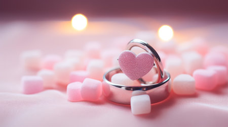 wedding rings with pink hearts on pink background, soft focusの素材