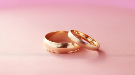 Two gold wedding rings on a pink background. Close-up.の素材