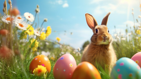 Easter bunny and easter eggs in the meadow with flowersの素材