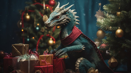 Christmas or New Year background with a green dragon, gifts and Christmas treeの素材