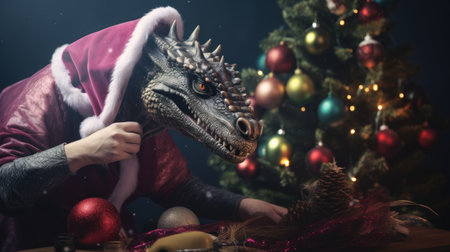 Santa Claus is holding a dinosaur head in his hands. Close-up.の素材