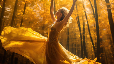 Beautiful young woman in a yellow dress dancing in the autumn forestの素材