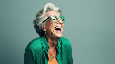 cheerful senior woman in green eyeglasses laughing isolated on greyの素材