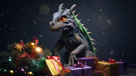 3d illustration of a dragon with christmas tree and gift boxesの素材