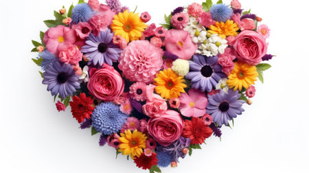 Colorful bouquet of flowers in heart shape on white background.の素材
