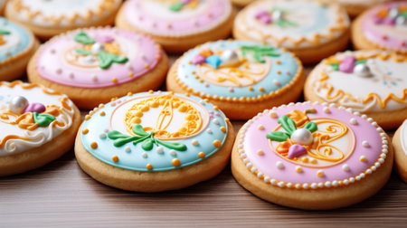Colorful cookies on a wooden background, close-up, selective focusの素材
