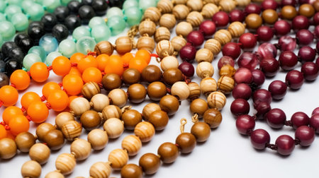 Beads and beads of various colors on a white background.の素材