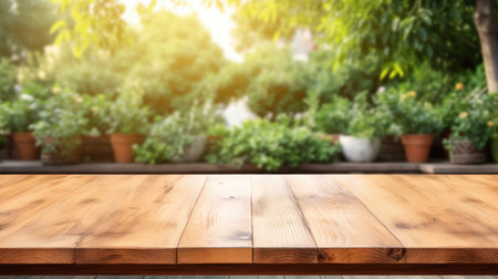 Empty wooden table and blurred garden background, product display montage.の素材