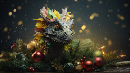 Christmas decoration with a dragon on a dark background. 3d rendering.の素材