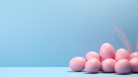 Pink easter eggs on blue pastel background. 3d renderingの素材