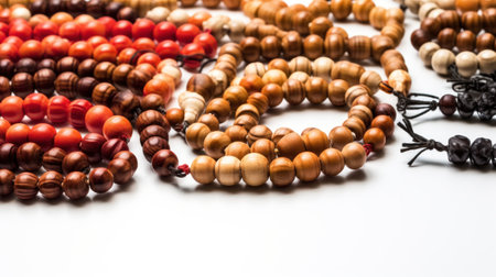 Wooden rosary beads on a white background close-upの素材