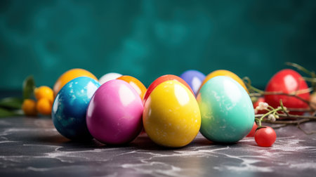 Colorful easter eggs on dark background. Selective focus.の素材