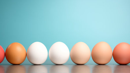 Colored eggs on a blue background. 3d rendering, 3d illustration.の素材