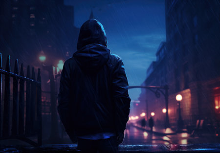 A man in a dark raincoat standing in the middle of a city street at nightの素材