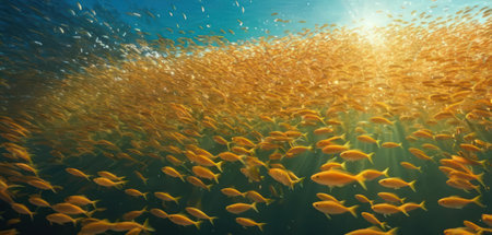Underwater view of a school of fish swimming in the sea.の素材