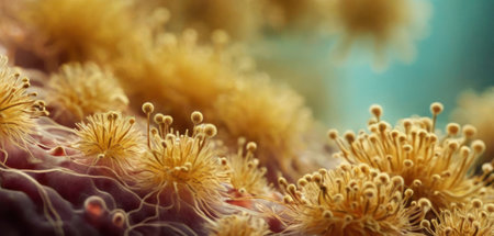 Close-up of a cactus with yellow stamens on a blue backgroundの素材