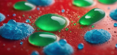 Colorful water drops on red background. Close-up macro shotの素材