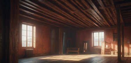 interior of an old house with wooden beams, 3d renderの素材