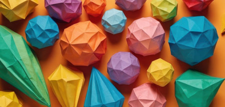 Colorful origami crumpled paper balls on orange background.の素材