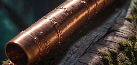 Close-up of a copper pipe on a piece of wood.の素材