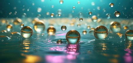 Water drops with reflection on water surface. 3d render illustration.の素材