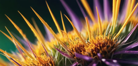 Macro shot of a thistle flower with purple petals.の素材