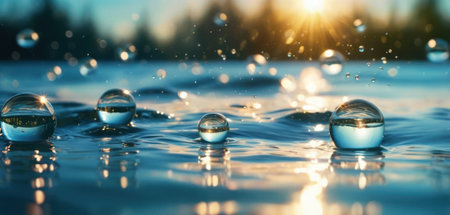 Water drops in the form of a ball on the background of the sunsetの素材