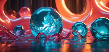 3d render, abstract background with glass balls, liquid waves and reflectionsの素材