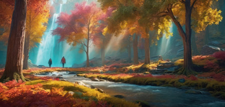 Autumn landscape with colorful trees, river and fog. Digital painting.の素材