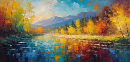 Oil painting on canvas of autumn forest landscape with river and mountains.の素材