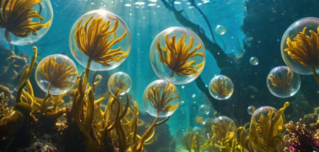 Underwater world with corals, seaweed and air bubbles.の素材